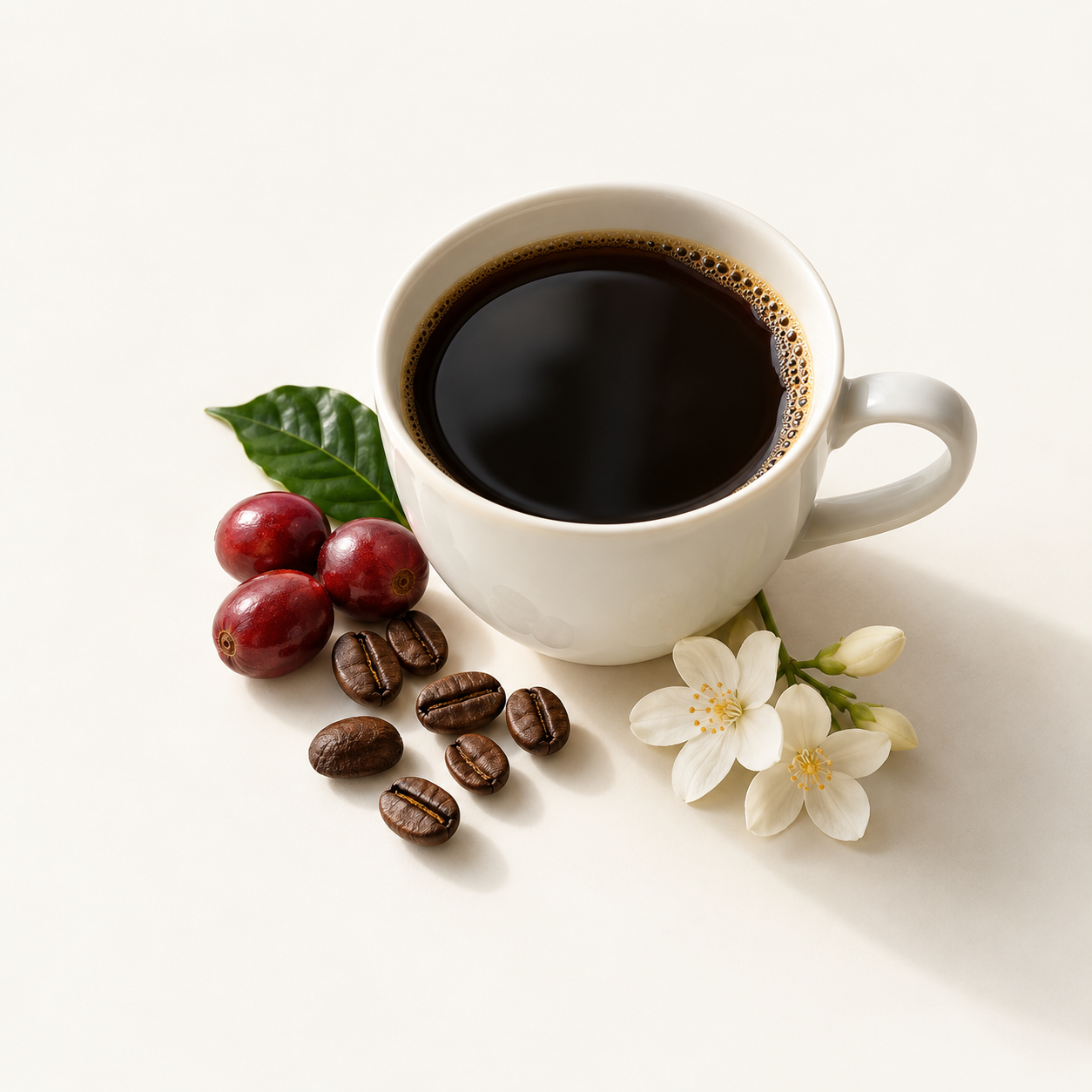コーヒーとチェリー、ジャスミンを並べた味覚探索のイメージ